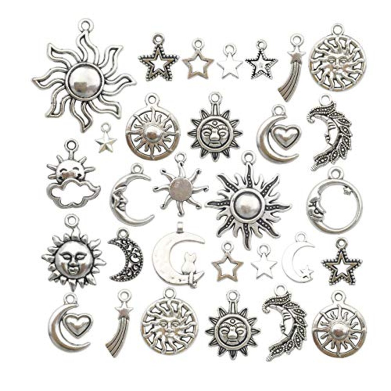 80 Pieces Craft Supplies Mixed Antique Silver Sun Moon Stars Charms Pendants for Crafting, Jewelry Findings Making Accessory for DIY Necklace Bracelet (M250)